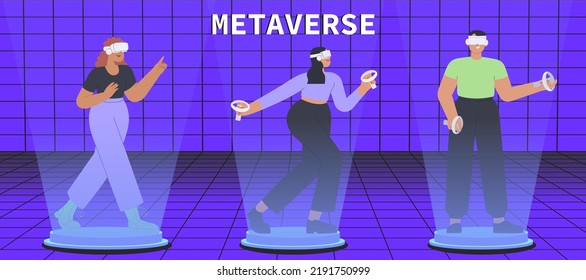 Set of metaverse entertainment. Flat vector illustration with women and man wearing virtual reality glasses, interacting and creating a virtual world. Concept of future innovations.