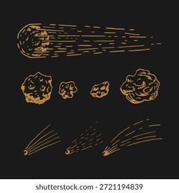 Set of meteor, asteroids. Hand drawn vector illustration.
