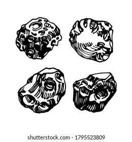 set of meteor ore or stones, cosmic celestial body, iron meteorite, vector illustration with black ink lines isolated on a white background in a doodle & hand drawn style