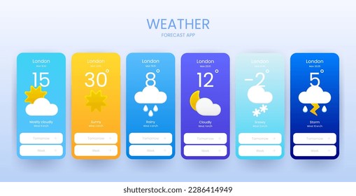 Set of meteorological 3d cartoon icons of rain, thunderstorm, cloudy, clear Suitable for weather apps, templates, widgets, icons or illustrations. AI UX app screen design, mobile interfaces.