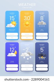 Set of meteorological 3d icons of rain, thunderstorm, cloudy, clear Suitable for weather apps, templates, widgets, icons or illustrations. Works for mobile apps, websites, smartphones, desktop