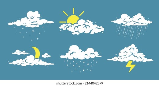 Set of meteorological icons with cloud. Color vector illustration.