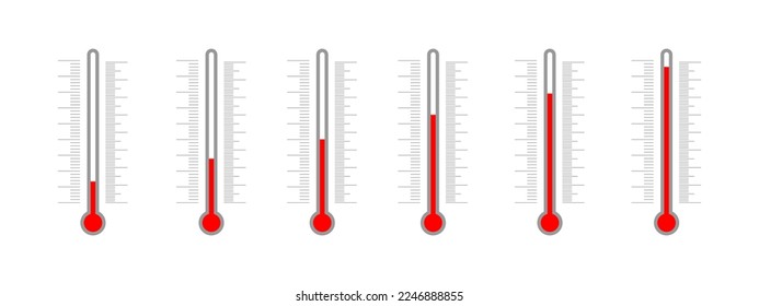 Set of meteorological thermometers with Celsius and Fahrenheit degree scales and glass tubes with different temperature indicators. Climate measuring tool templates. Vector flat illustration