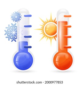 Conjunto de termómetros meteorológicos aislados sobre fondo blanco. Termómetros azules y rojos con sol y copo de nieve. Temperatura baja y alta en la medición de la esquisto с. Ilustración de dibujos animados.

