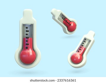 Set of meteorological thermometers with red liquid. Classic heat and cold measuring device. Item in different positions. Detailed vector object with texture, glare, shadows