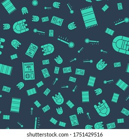Set Meteorology thermometer, Beach towel, Travel brochure and Rafting boat on seamless pattern. Vector