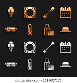 Set Meteorology thermometer, Calendar, Man hat with ribbon, Suitcase, Ski goggles, Paddle, Ice cream in waffle cone and Lifebuoy icon. Vector