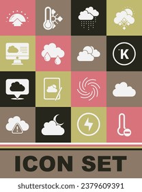 Set Meteorology thermometer, Cloud, Kelvin, with rain, Weather forecast, Sunrise and and cloud weather icon. Vector