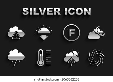 Fijar termómetro de meteorología, Nube con luna, Tornado, nieve y sol, lluvia, Fahrenheit, aviso de tormenta e icono de atardecer. Vector