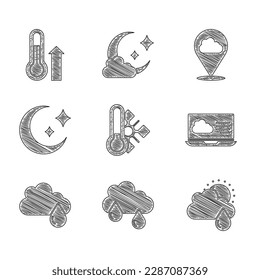 Set Meteorology thermometer, Cloud with rain, and sun, Weather forecast, Moon stars, Location cloud and  icon. Vector