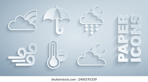 Set Meteorology thermometer, Cloud with rain and moon, Windy weather, Umbrella and Rainbow clouds icon. Vector