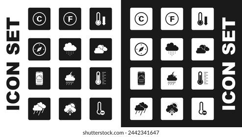Set Meteorology thermometer, Cloud with rain, Compass, Celsius, Sun and cloud weather, Fahrenheit,  and Weather forecast icon. Vector