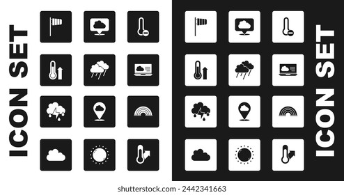 Set Meteorology thermometer, Cloud with rain, Cone windsock wind vane, Weather forecast, Location cloud, Rainbow and and lightning icon. Vector