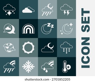 Set Meteorologie Thermometer, Wolke mit Regen, Mond und Sternen, Mond, Regenbogen, Location Wolke, Schnee und Zeit zu schlafen Symbol. Vektorgrafik