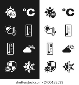 Set Meteorología termómetro, termómetro y nube, sol, protección UV, Celsius, arcoiris con, copo de nieve de sol e icono. Vector