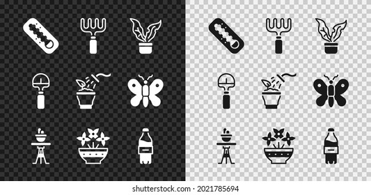 Set Meteorology thermometer, Garden rake, Plant in pot, on table, Flower vase, Bottle of water, Shovel and Spraying plant icon. Vector