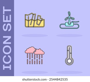 Definir termômetro de meteorologia, derretimento de geleira, Nuvem com chuva e ícone da turbina de vento. Vetor