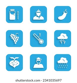 Set Meteorology thermometer, Graduate and graduation cap, Cloud with rain, Storm, Beet, Grape fruit, Eggplant and Jar of honey dipper stick icon. Vector
