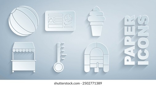 Set Meteorology thermometer, Ice cream in waffle cone, Street stall with awning, Rafting boat, Passport visa stamp and Beach ball icon. Vector