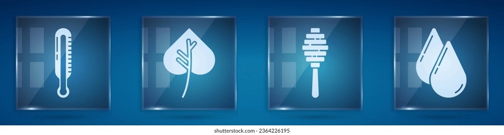 Set Meteorology thermometer, Leaf or leaves, Honey dipper stick and Water drop. Square glass panels. Vector