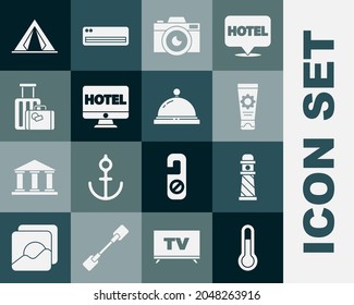 Set Meteorology thermometer, Lighthouse, Sunscreen cream in tube, Photo camera, Online hotel booking, Suitcase, Tourist tent and Hotel service bell icon. Vector