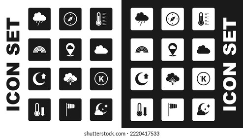 Set Meteorology thermometer, Location cloud, Rainbow, Cloud with rain, Compass, Kelvin and Moon icon. Vector
