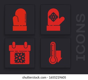 Set Meteorology thermometer measuring, Christmas mitten, Christmas mitten and Calendar icon. Vector