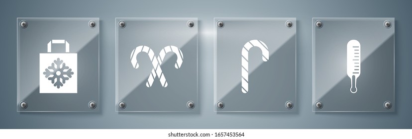 Set Meteorology thermometer measuring, Christmas candy cane with stripes, Christmas candy cane with stripes and Christmas paper shopping bag. Square glass panels. Vector