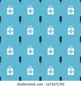 Set Meteorology thermometer measuring and Christmas paper shopping bag on seamless pattern. Vector