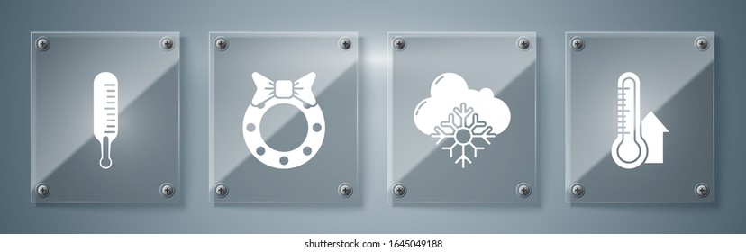 Set Meteorology thermometer measuring, Cloud with snow, Christmas wreath and Meteorology thermometer measuring. Square glass panels. Vector