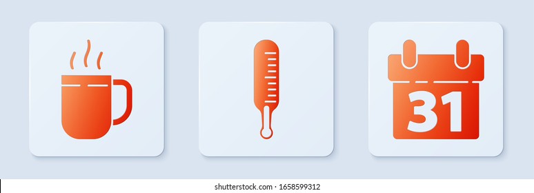 Set Meteorology thermometer measuring, Coffee cup and Calendar. White square button. Vector