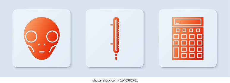 Set Meteorology thermometer measuring, Extraterrestrial alien face and Calculator. White square button. Vector