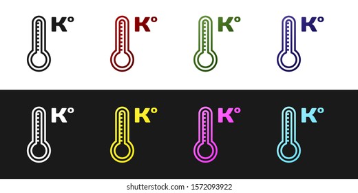 Set Meteorology thermometer measuring heat and cold icon isolated on black and white background. Temperature Kelvin.  Vector Illustration