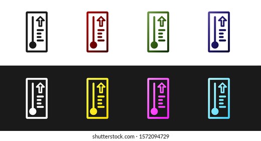 Set Meteorology thermometer measuring heat and cold icon isolated on black and white background. Thermometer equipment showing hot or cold weather.  Vector Illustration
