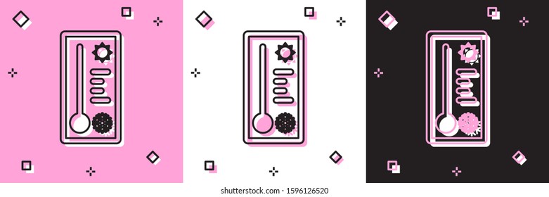 Set Meteorology thermometer measuring heat and cold icon isolated on pink and white, black background. Thermometer equipment showing hot or cold weather.  Vector Illustration