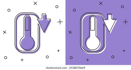 Set Meteorology thermometer measuring heat and cold icon isolated on white and purple background. Thermometer equipment showing hot or cold weather.  Vector