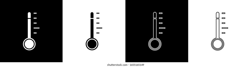 Ajuste el icono de medición del termómetro de meteorología aislado en fondo blanco y negro. Equipo termómetro que muestra el clima frío o caliente.  Ilustración vectorial