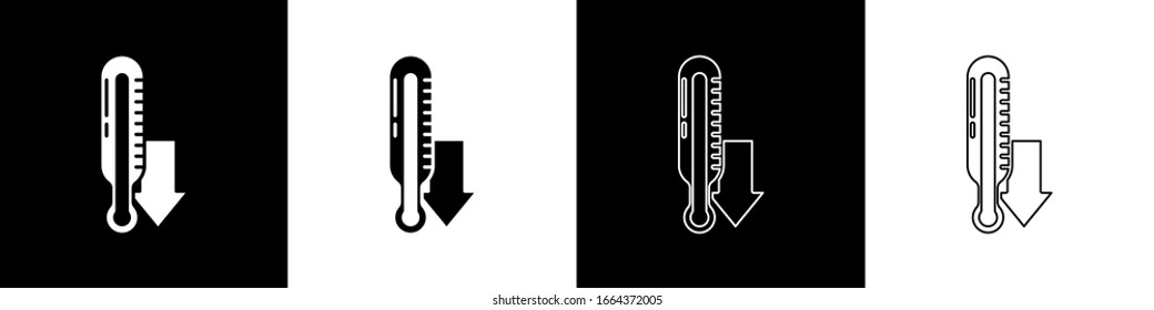 Set Meteorology thermometer measuring icon isolated on black and white background. Thermometer equipment showing hot or cold weather.  Vector Illustration