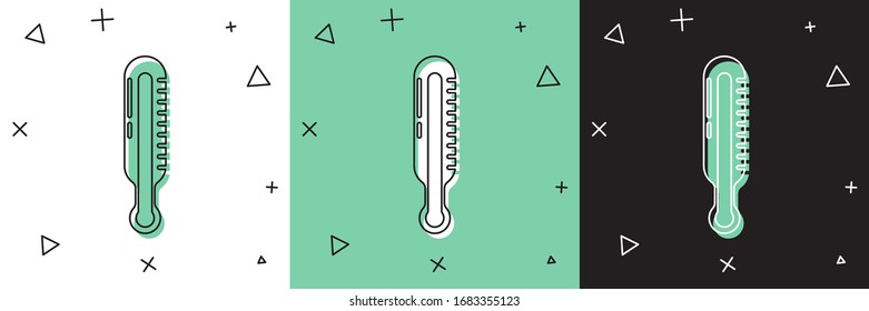 Set Meteorology thermometer measuring icon isolated on white and green, black background. Thermometer equipment showing hot or cold weather.  Vector Illustration