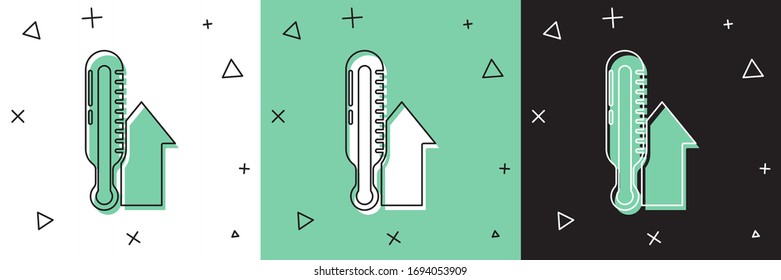 Set Meteorology thermometer measuring icon isolated on white and green, black background. Thermometer equipment showing hot or cold weather.  Vector Illustration