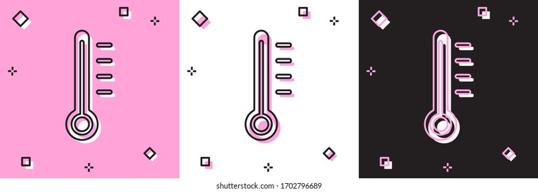 Set Meteorology thermometer measuring icon isolated on pink and white, black background. Thermometer equipment showing hot or cold weather. Vector Illustration