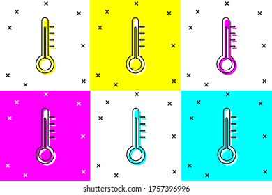 Set Meteorology thermometer measuring icon isolated on color background. Thermometer equipment showing hot or cold weather.  Vector Illustration