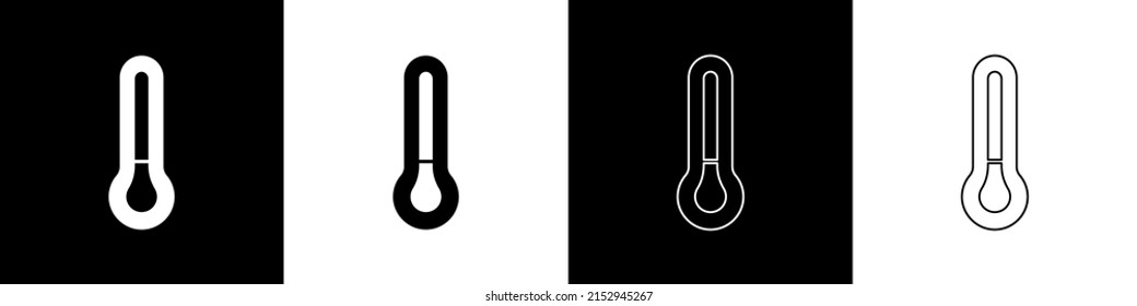 Set Meteorology thermometer measuring icon isolated on black and white background. Thermometer equipment showing hot or cold weather.  Vector