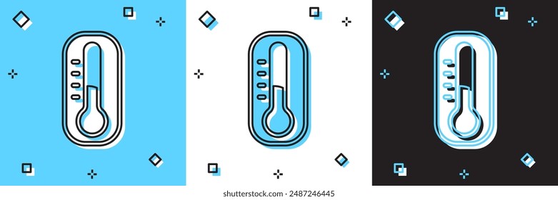 Set Meteorologie Thermometer Messung Symbol isoliert auf blauem und weißem, schwarzem Hintergrund. Thermometerausrüstung, die warmes oder kaltes Wetter anzeigt.  Vektorgrafik