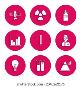Set Meteorología termómetro de medición, Rayos de luz prisma, Científico, bombilla con concepto de idea, Gráfico circular infográfico, Pipeta de botella de vidrio e ícono de satélite. Vector