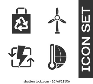 Set Meteorology thermometer measuring, Paper shopping bag with recycle, Recharging and Wind turbine icon. Vector