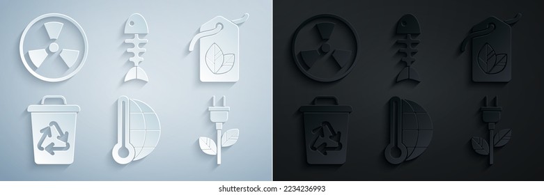 Set Meteorology thermometer measuring, Tag with leaf symbol, Recycle bin recycle, Electric saving plug, Fish skeleton and Radioactive icon. Vector