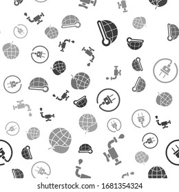 Set Meteorology thermometer measuring, Water tap, Electric plug and Earth globe and leaf on seamless pattern. Vector