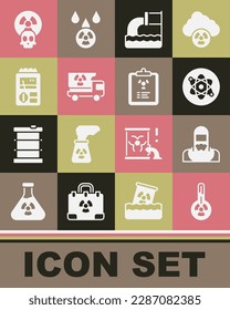Set Meteorology thermometer, Nuclear reactor worker, Atom, Wastewater, Truck with radiation materials, Dosimeter, Radioactive and Radiation warning document icon. Vector