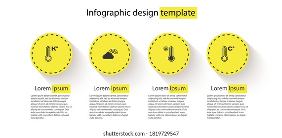 Colocar termómetro de meteorología, arcoiris con nubes y . Plantilla de infografía de negocios. Vector.